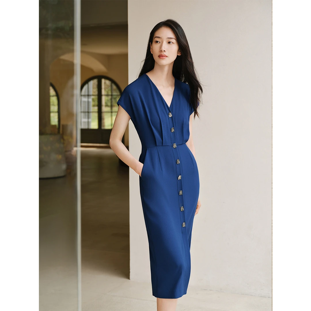 「外立面」INSUN恩裳夏季时尚气质设计感醋酸蓝色连衣裙9C65205750