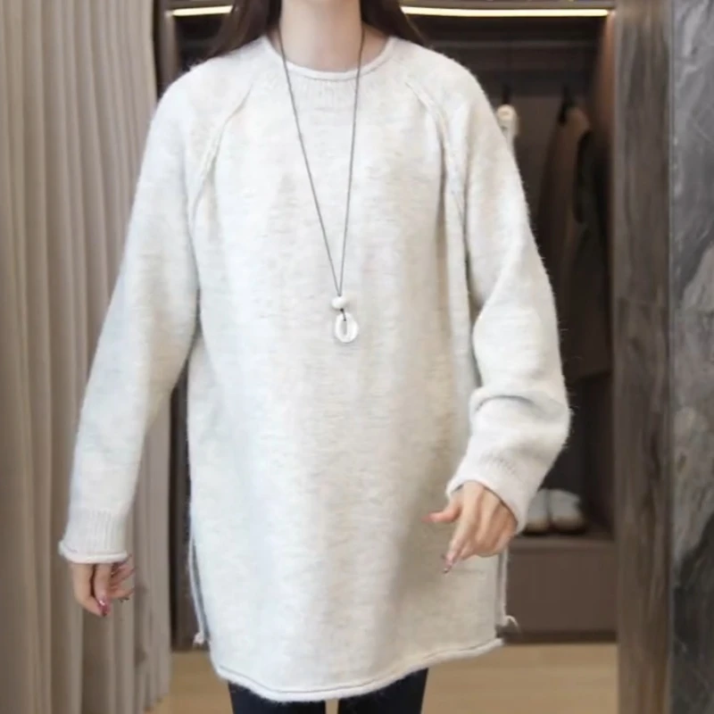 秋冬显瘦洋气圆领侧开叉长袖保暖针织衫LK2507711