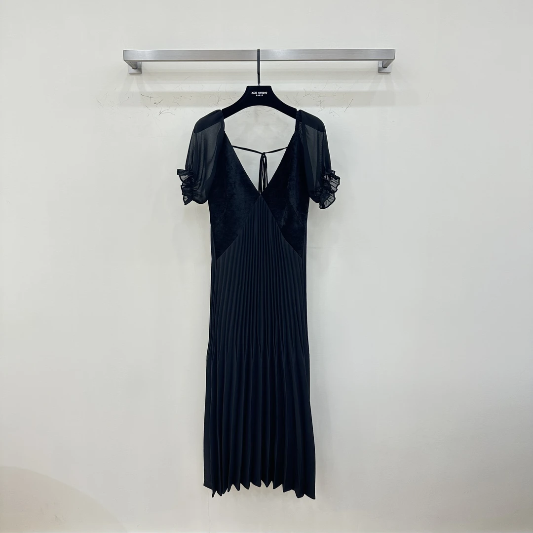 【西西高定】夏日法式优雅V领短袖拼接连衣裙