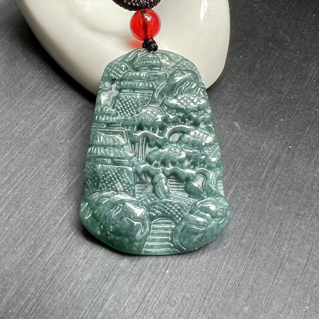 面面来财珠宝A5325-高38左右-A货翡翠山水牌吊坠-配绳