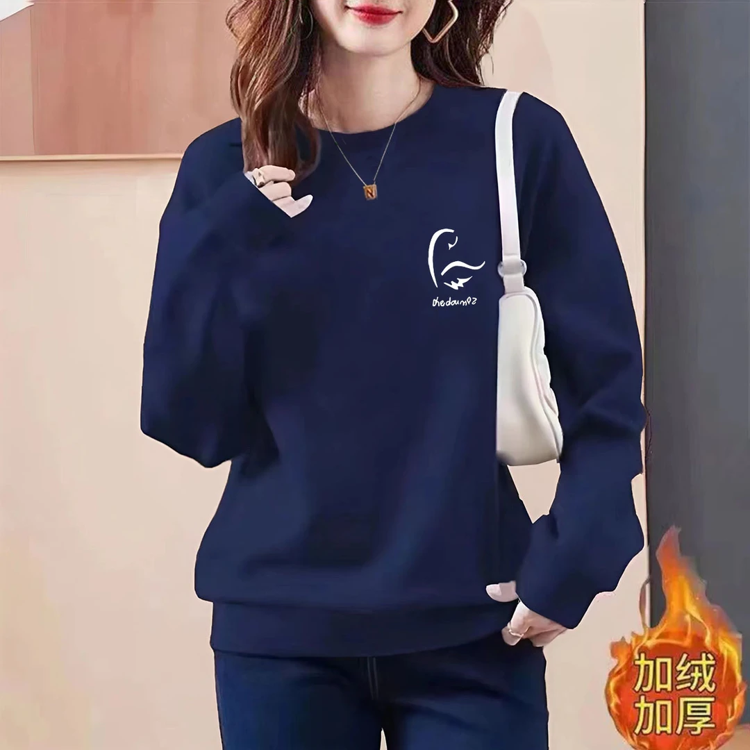 春秋冬新款圆领长袖华棉薄款上衣加绒加厚/不加绒大码简约卫衣女