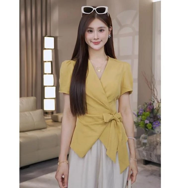 YUANLIANSU/圆脸酥【星落花海】夏季新款洋气时尚V领短袖不规则衬衫