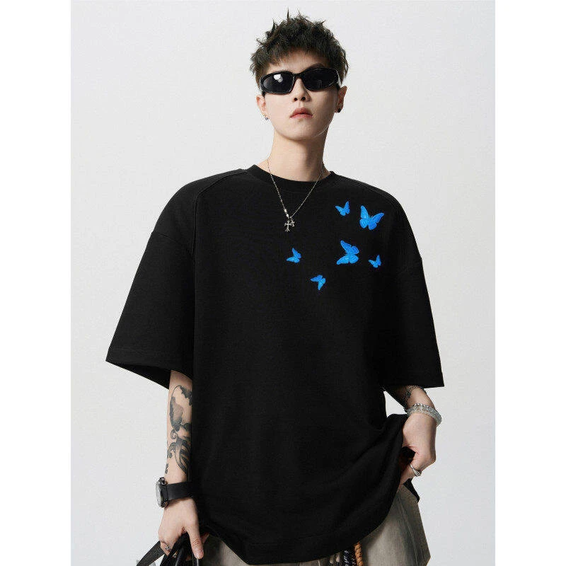 夏季蝴蝶刺绣短袖t恤男士休闲圆领100%纯棉重磅240g情侣