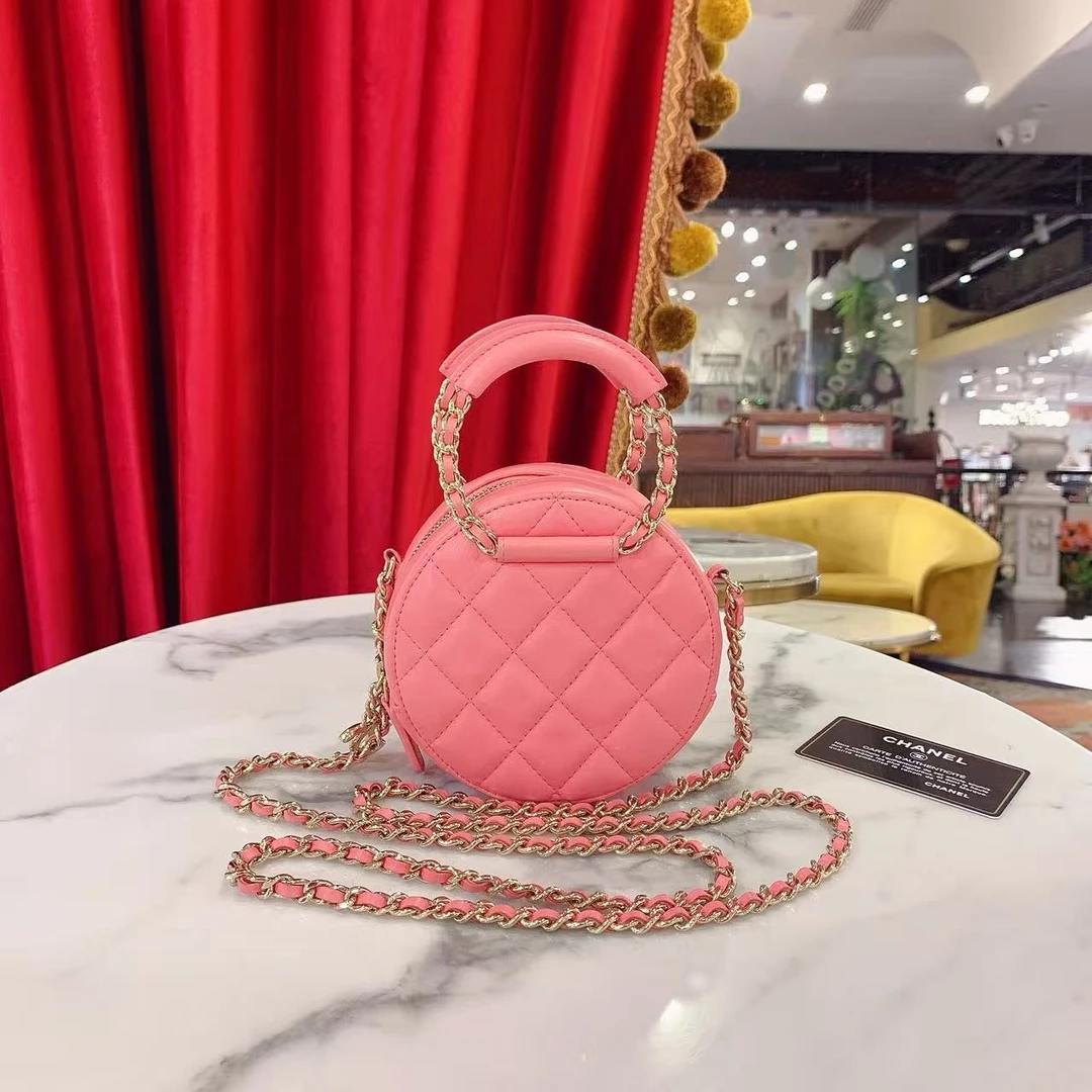 95新 Chanel/香奈儿 好好手提圆饼包粉色金扣29开59986021