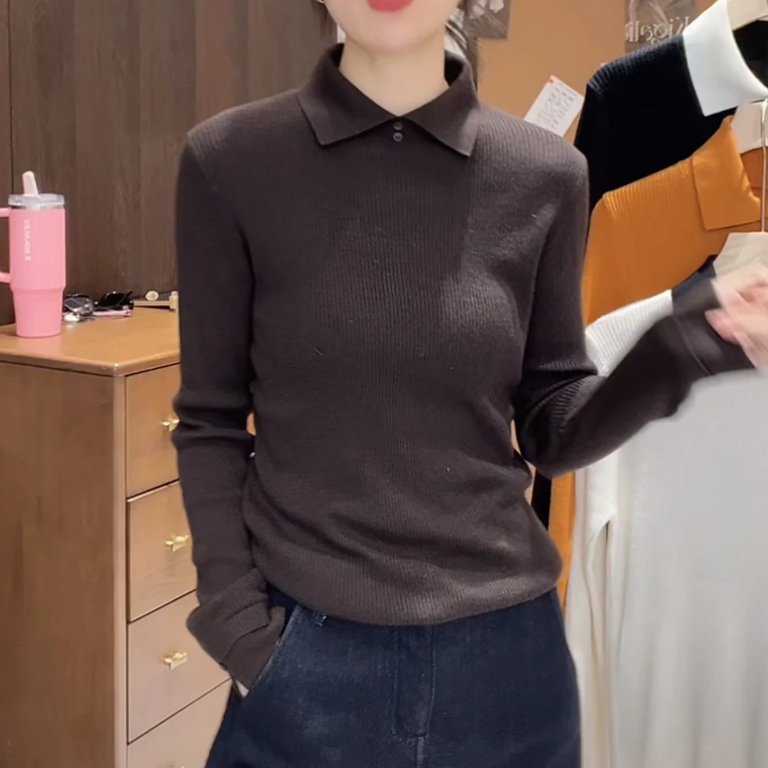 韩系设计感撞色翻领套头针织衫女2025新款秋冬时尚百搭长袖上衣