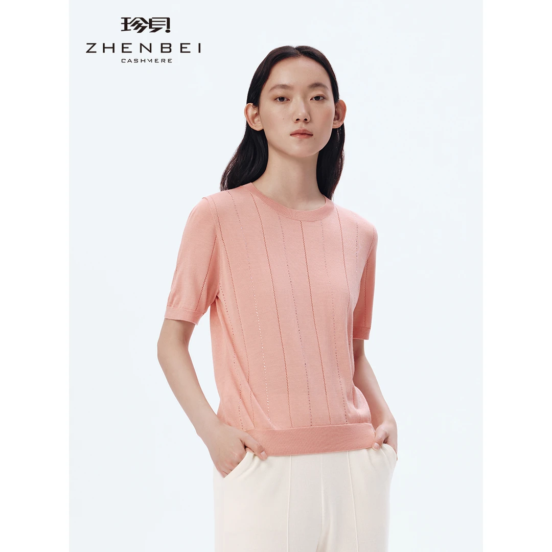 ZB/珍贝【可机洗桑蚕丝】25新款真*短袖上衣女烫钻针织衫薄37761