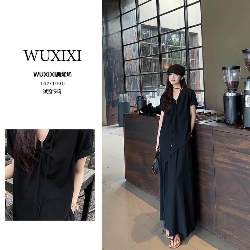 原创设计夏季法式时尚宽松显瘦短袖袖新款圆领不规则气质收腰套装