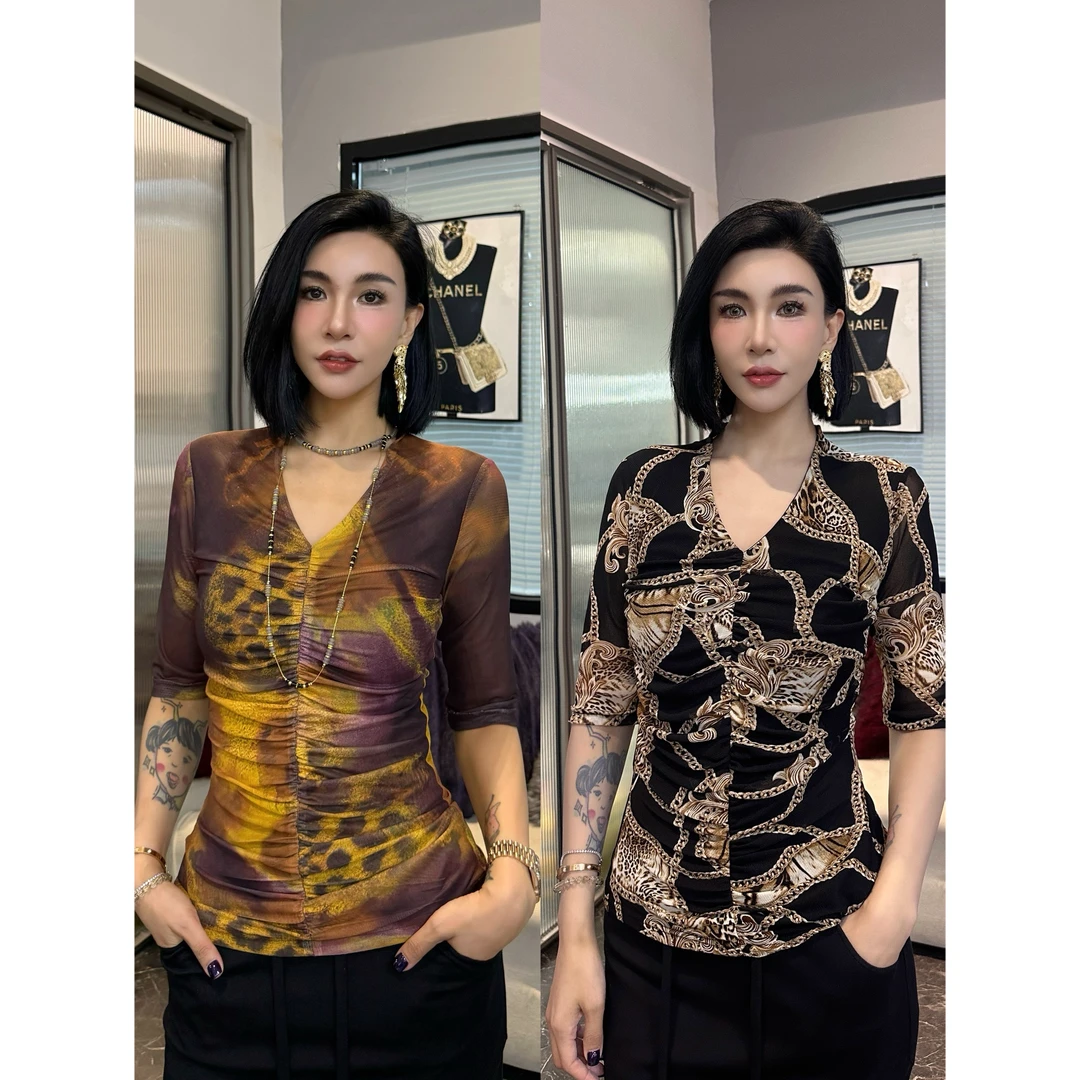 SONG-原创【上衣-彩虹世界】新款定制网纱时尚捏褶透气时髦五分短袖