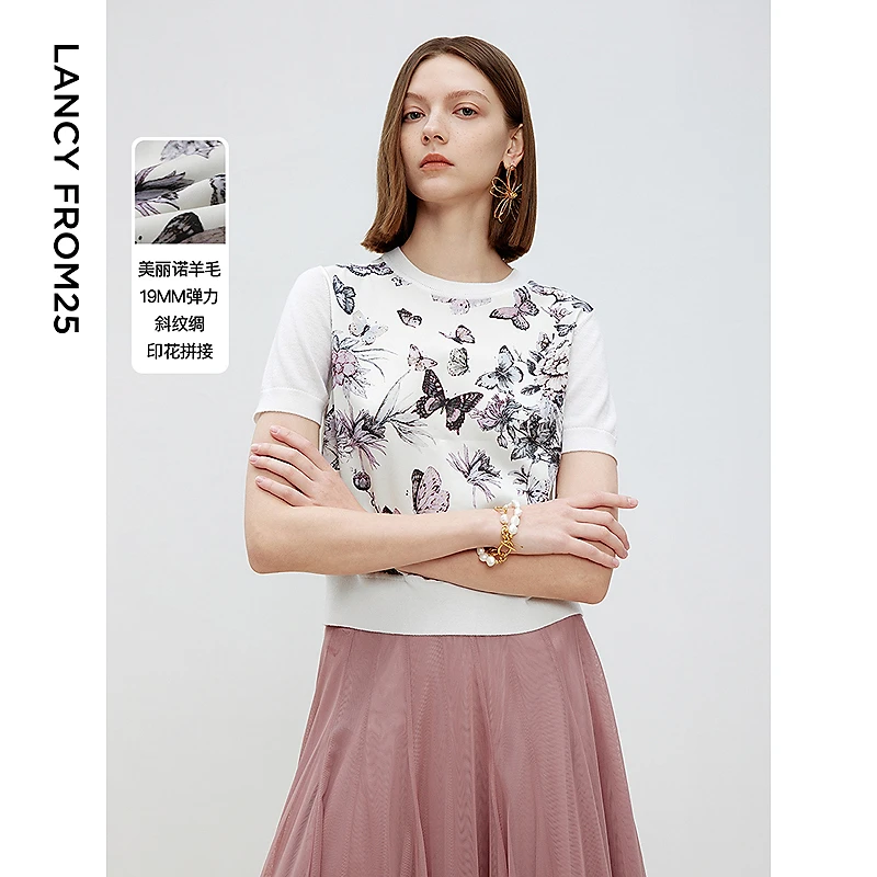 【粉丝专享】朗姿印花针织短袖高级感打底内搭25年春季毛针织衫上衣