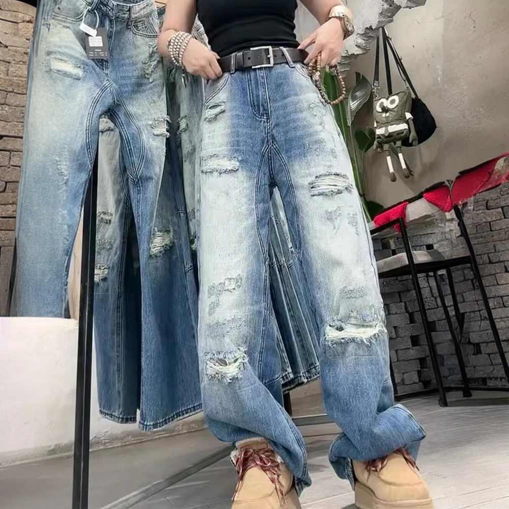 欧货复古破洞猫须牛仔裤女2025春季新款大码梨型身材窄版阔腿裤子