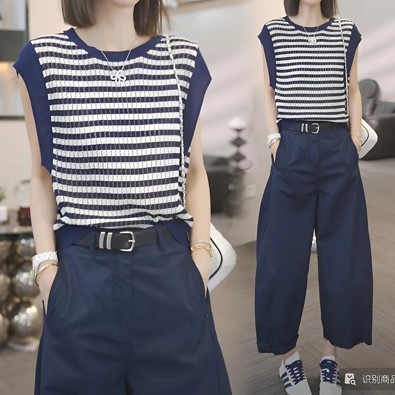 盐系休闲运动套装女2025夏季新款小个子洋气条纹上衣休闲裤两件套