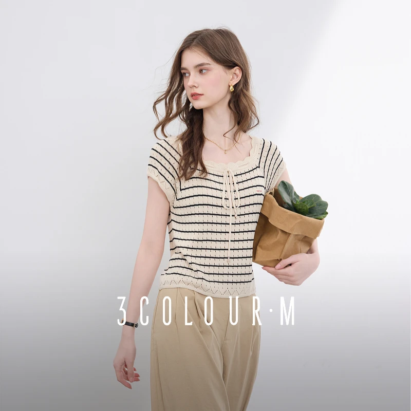 三彩2025夏季新款条纹镂空肌理感针织衫圆领短袖套头毛衫休闲M