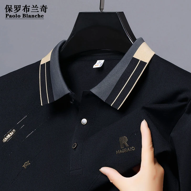 保罗男士高档长袖POLO衫2025春秋新款烫钻T恤宽松休闲打底衫男装