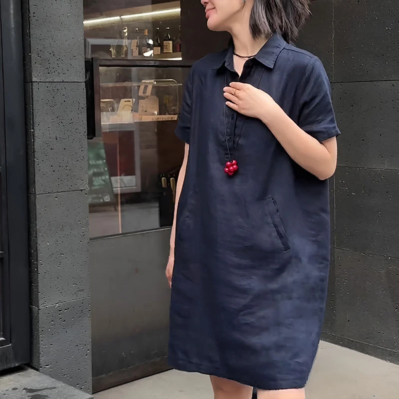 复古气质时尚polo领遮肉短袖连衣裙女2025新款夏季亚麻休闲短裙女
