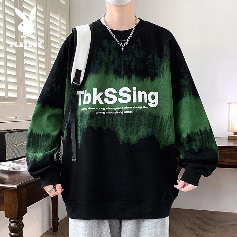 花花公子卫衣男春秋季新款潮牌撞色印花宽松圆领内搭衣青少年休闲