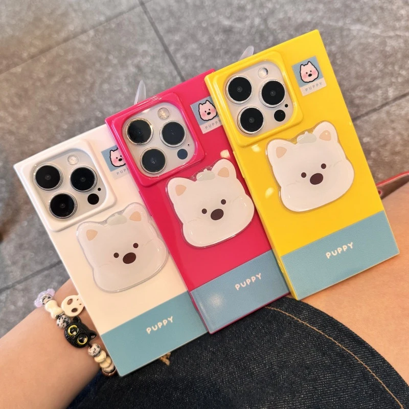 撞色小白狗贴片适用苹果16Promax手机壳15可爱14立体13少女12方块