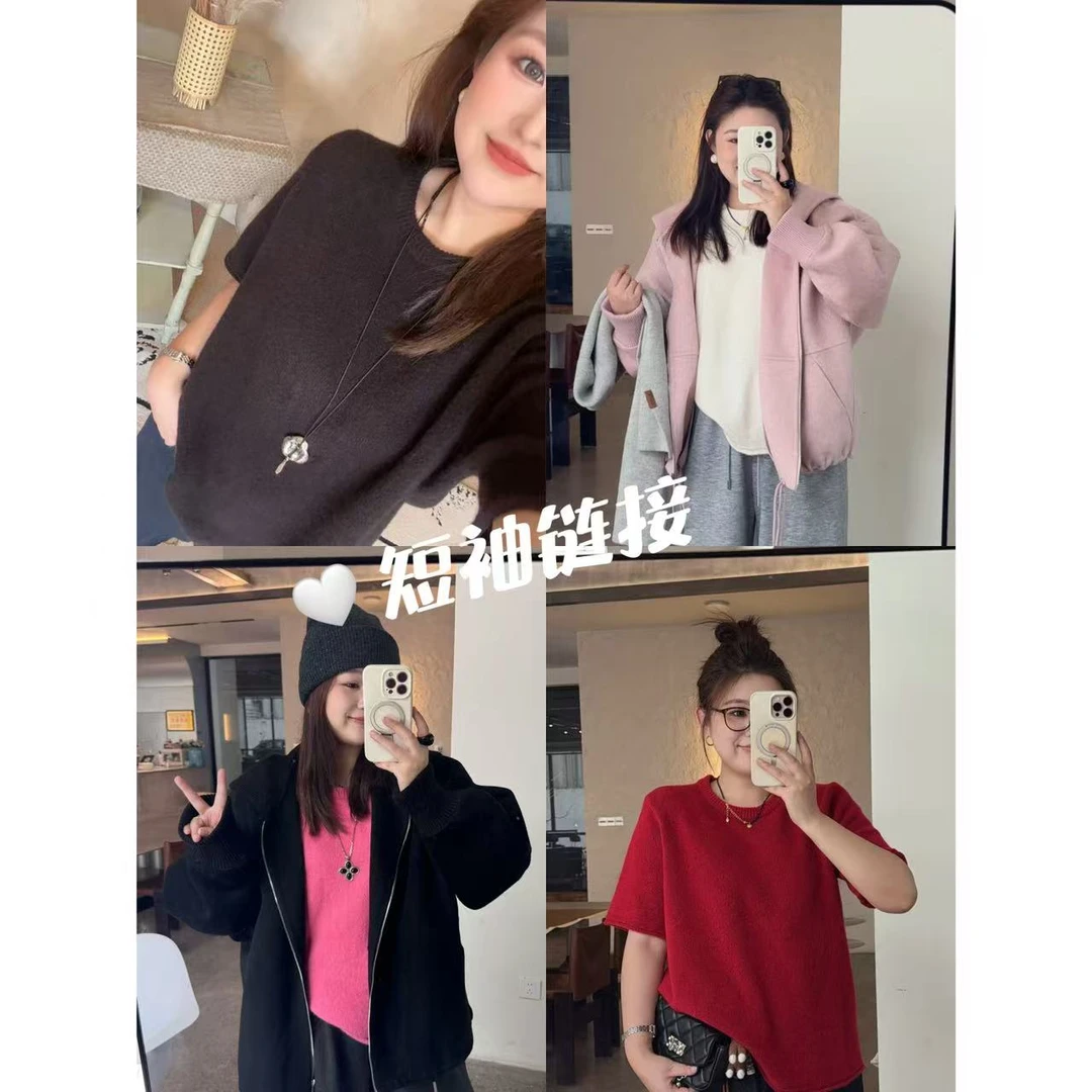 晶咕佳佳【绒绒细语】毛感厚款密实纯色秋冬短袖时尚休闲羊毛圆领