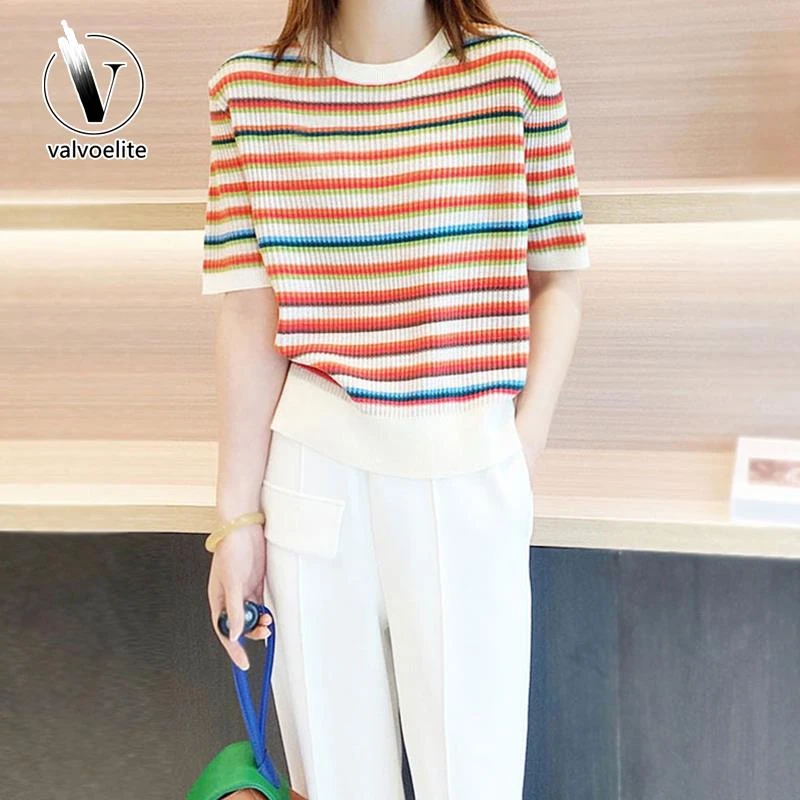 VALVOELITE拼色条纹短袖恤夏季韩版气质显瘦针织衫圆领打底衫上衣