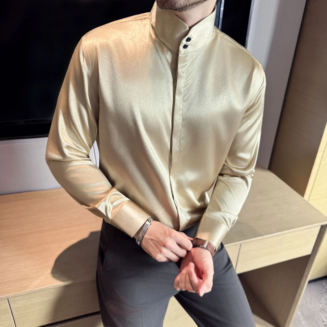 男士高端亮面香槟金色立领衬衫轻奢垂顺抗皱商务宴会修身质感上衣