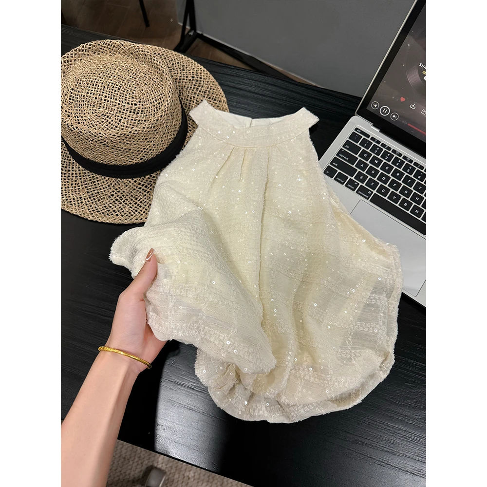 MUMU STUDIO法式短款背心吊带气质时尚挂脖式圆领亮片无袖衬衣女