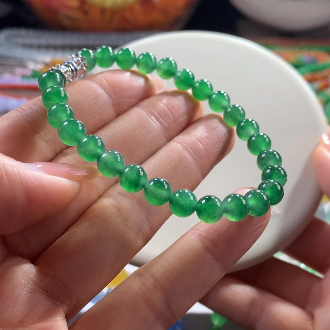 翡翠未镶嵌手链冰透满色浓阳绿卡6.45