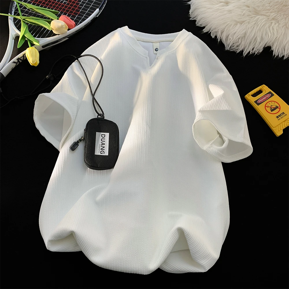 夏季冰丝短袖宽松帅气小v领上衣重磅短袖t恤男潮牌INS肌理感