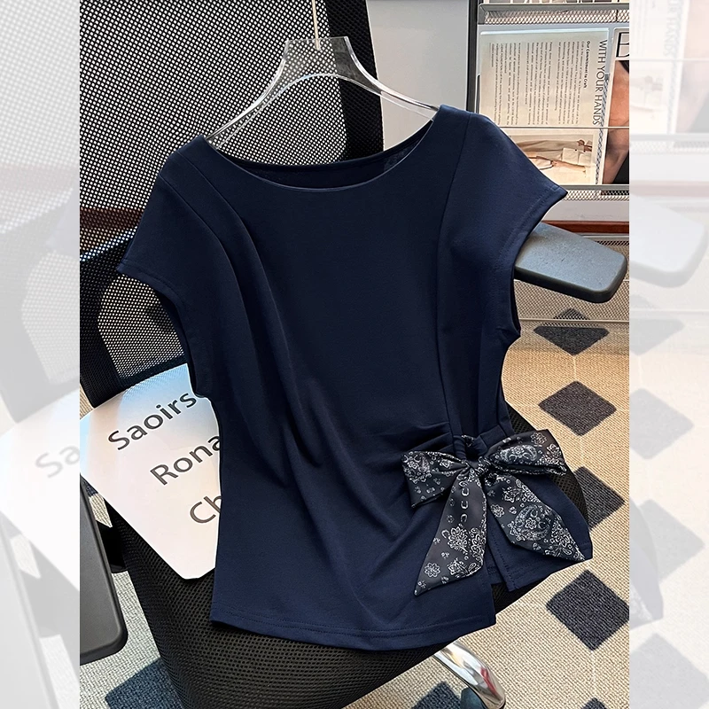 拉夏贝尔设计感短袖t恤夏季2025新款时尚蝴蝶结设计白色上衣小衫