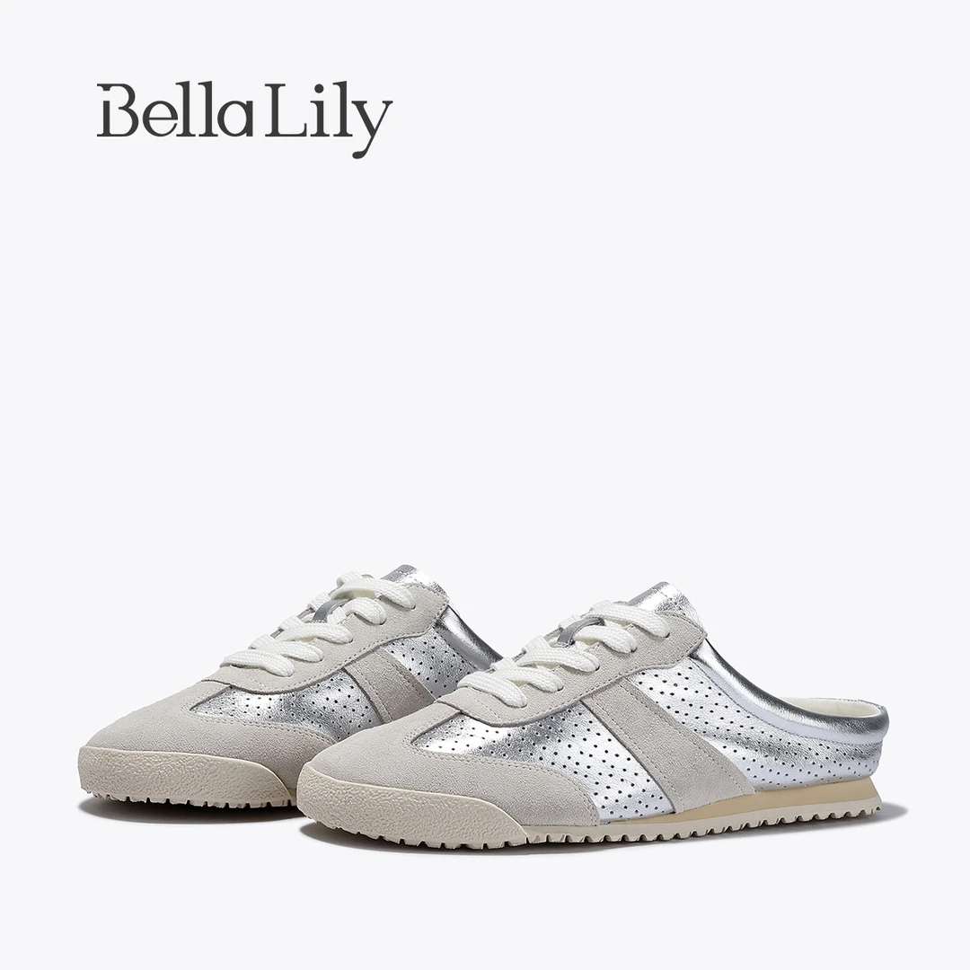 BellaLily2025夏季新款透气轻便半拖鞋女外穿休闲鞋银色德训鞋子
