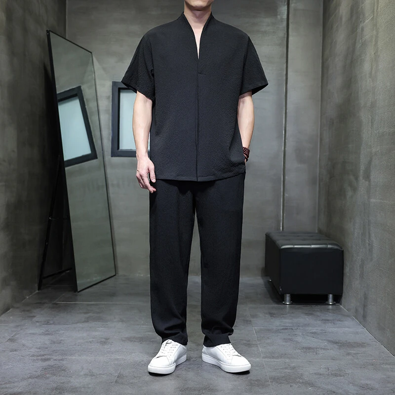 冰丝两件套男士夏季薄款新国风轻奢百搭潮流休闲大码宽松简约套装