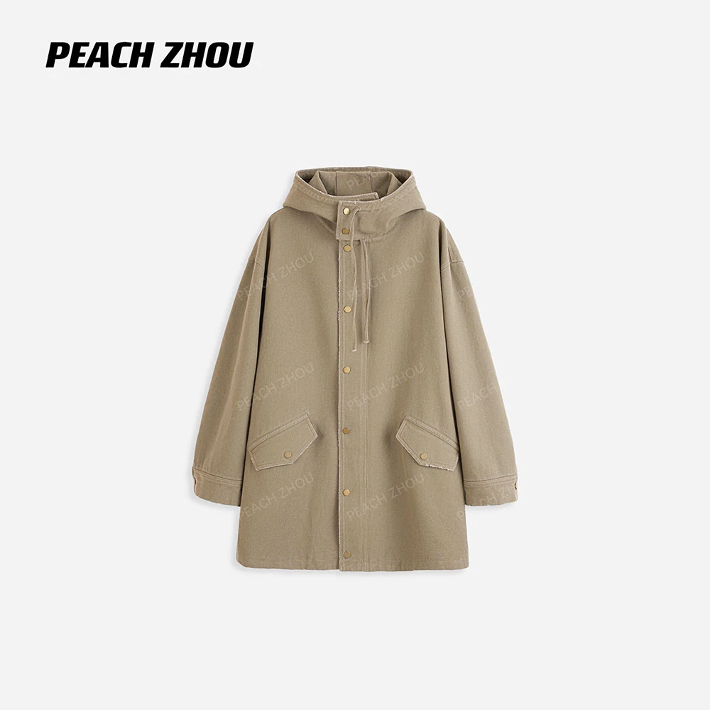『PEACHZHOU』全棉水洗磨破贴布标美式休闲中长款宽松连帽工装外套
