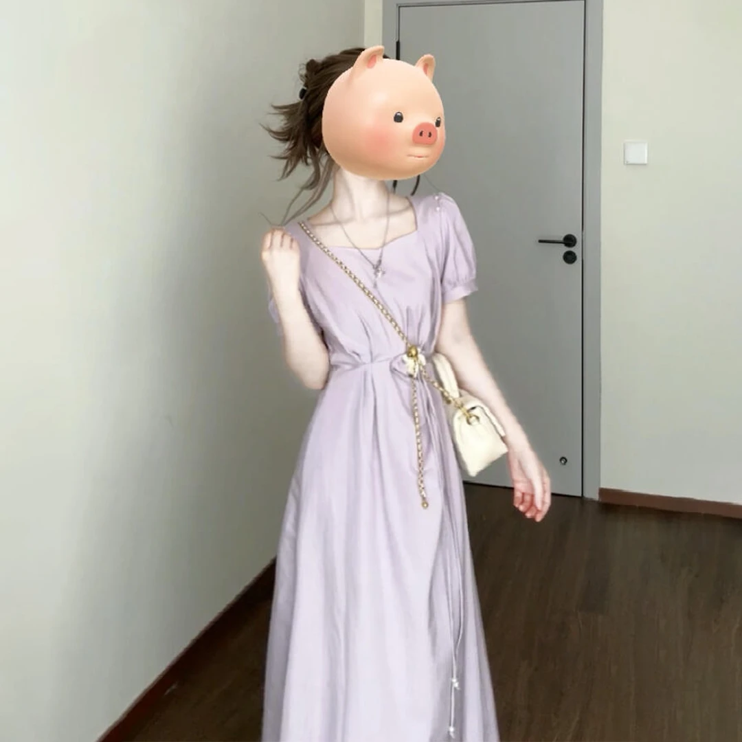 【现货+运补】紫色方领连衣裙爆款气质高级感收腰显瘦长裙5049