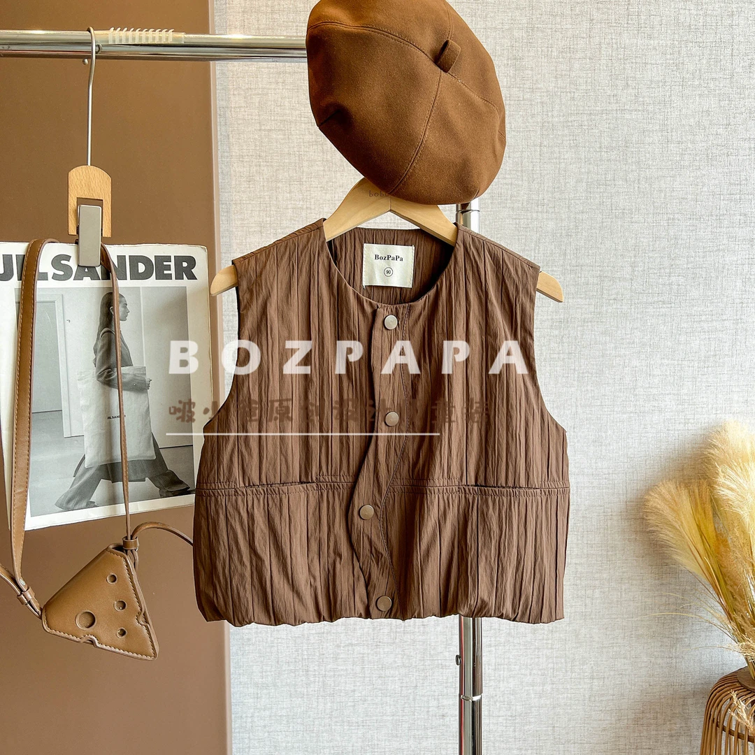 现货啵小爸【奶咖褶皱】2025秋季男童韩系休闲褶皱感马甲上衣