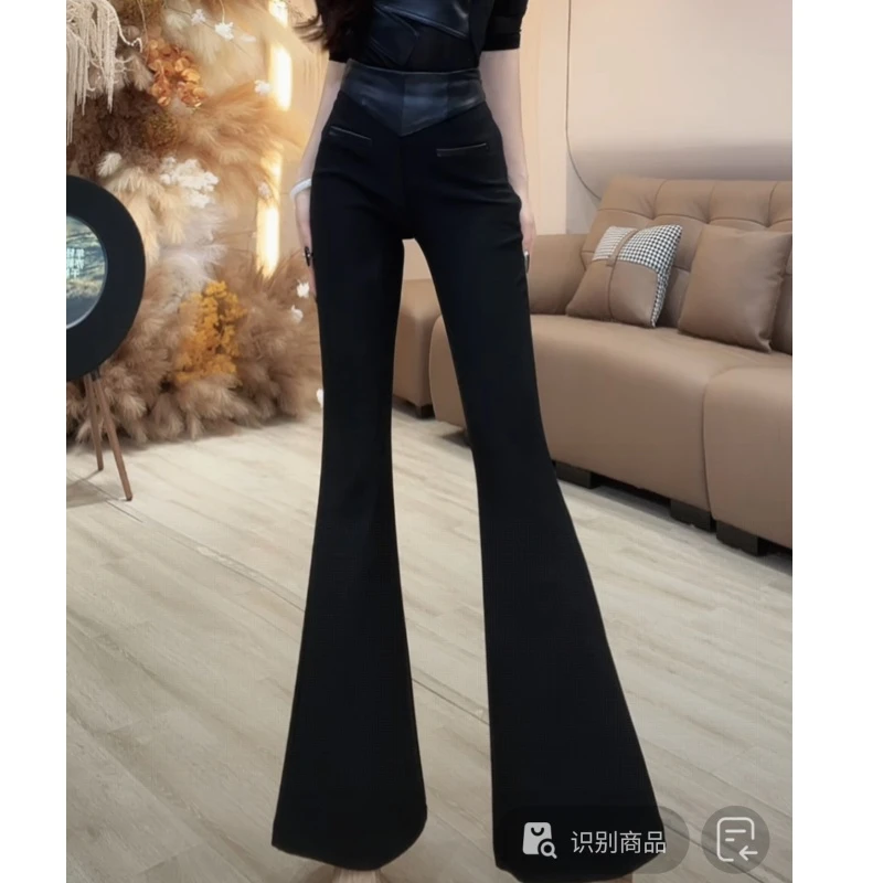 【YING FASHION】莹老板-时尚气质百搭小蛮腰拼皮喇叭裤8020808 444