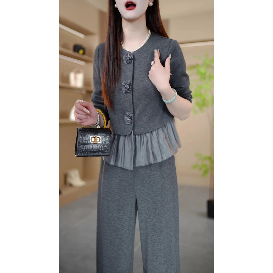 2025春季新款时尚设计感显瘦假两件长袖上衣阔腿裤休闲两件套装女