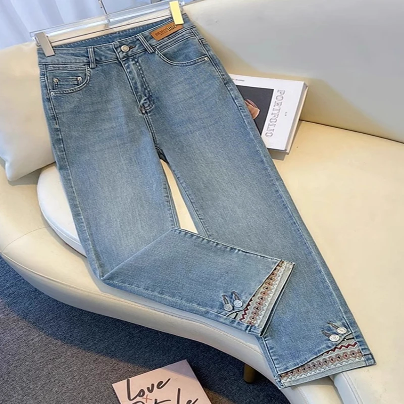 新中式国风直筒牛仔裤女2025春秋流行新款高腰九分裤子显瘦烟管裤