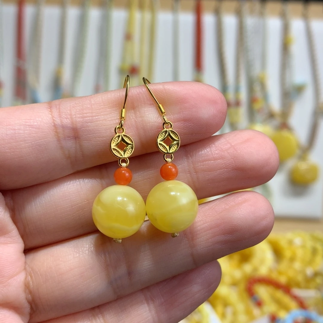 琥珀银S925镀金镶嵌耳饰特价11.7mm