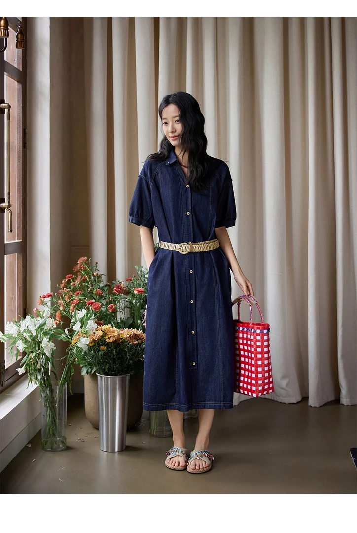 9128编织腰带牛仔短袖连衣裙