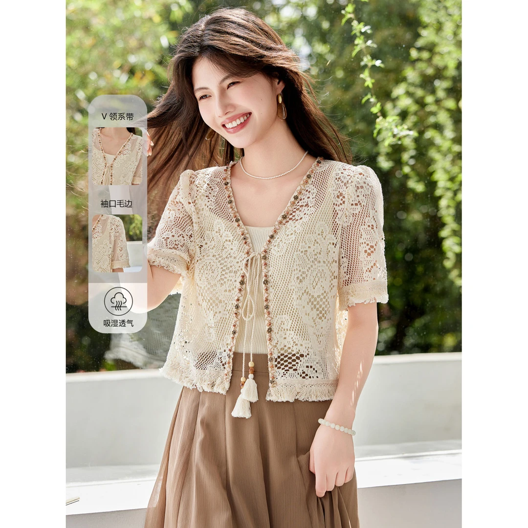 复古系带短袖蕾丝针织衫女2025新款高级感薄款超好看外搭披肩罩衫