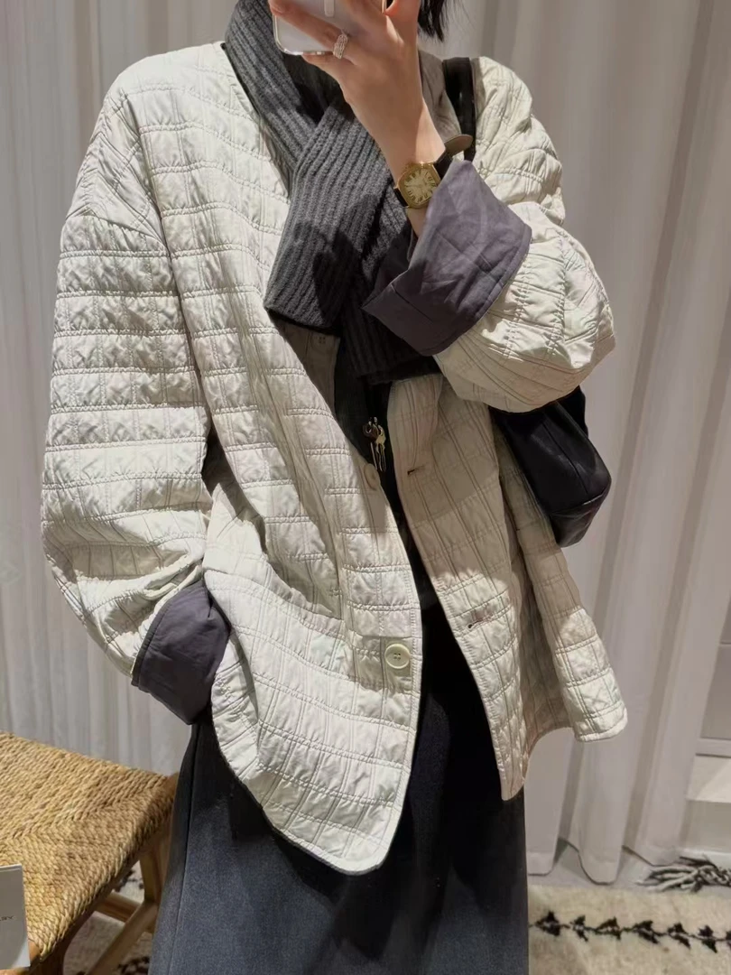 设计感压纹带围巾棉衣女2025秋冬季新款韩系大码宽松圆领棉服外套