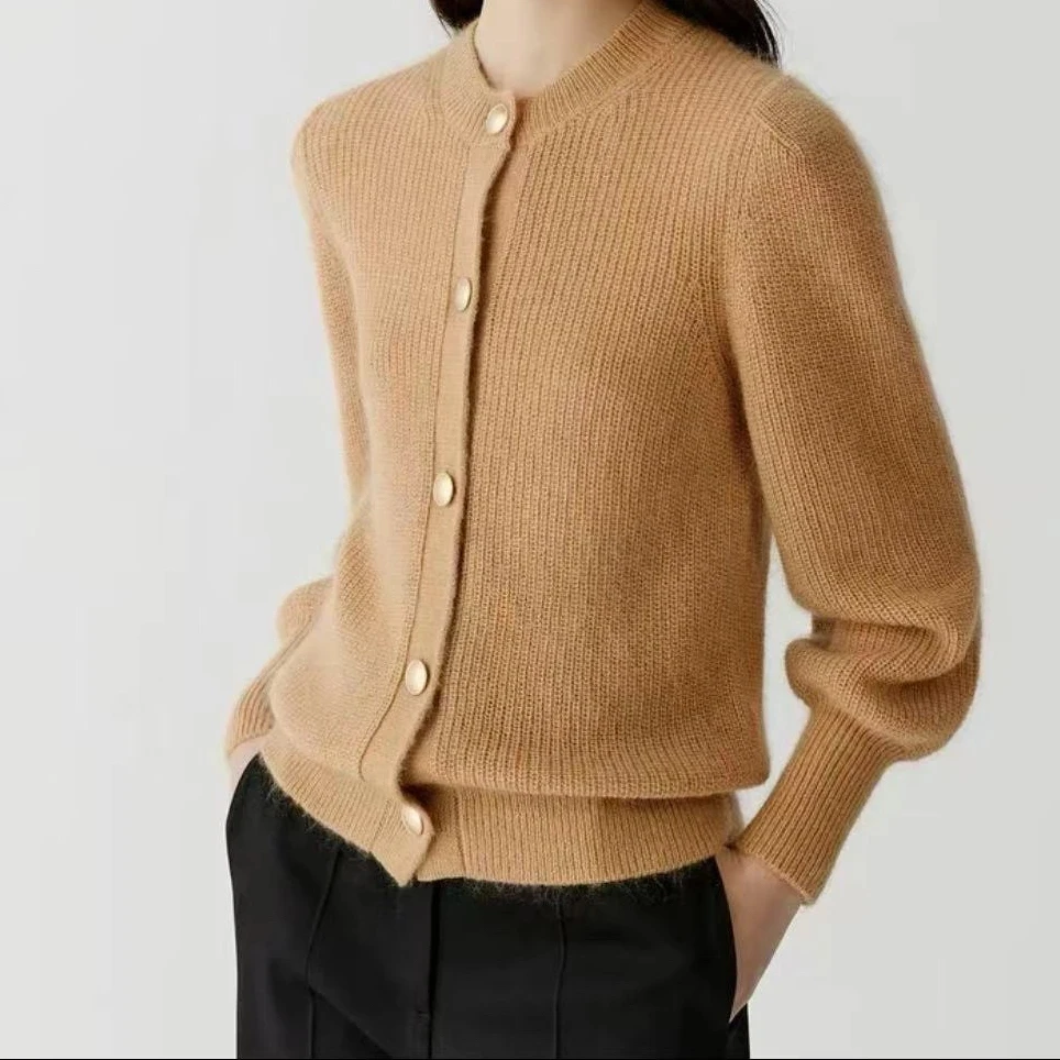 Z-1 焦糖色圆领马海毛文艺风休闲毛衣