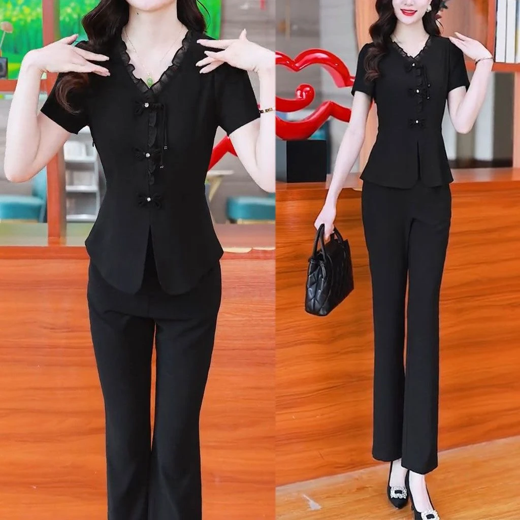 2025夏季新款时尚短袖套装女气质显瘦国风盘扣上衣微喇叭裤两件套