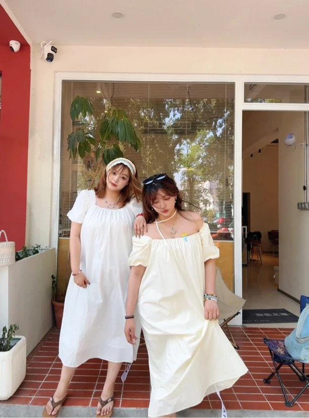 《珠圆玉润》纯色系带泡泡袖方领长裙连衣裙气质