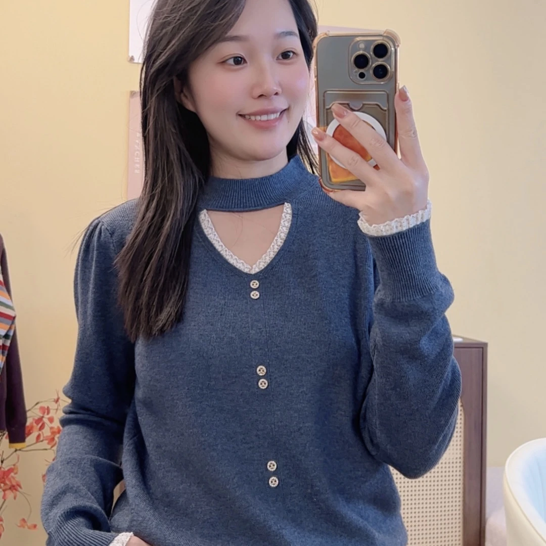 【镂空小蕾丝】套头灰色毛衣早秋季新款上衣女冬季保暖打底Y0004灰