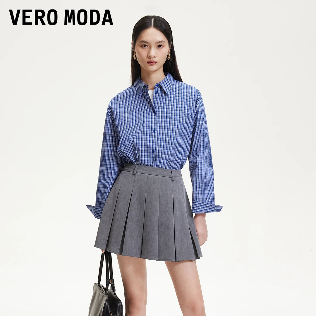 Vero Moda衬衫春游出行复古学院格纹cleanfit蓝衬衫325105050