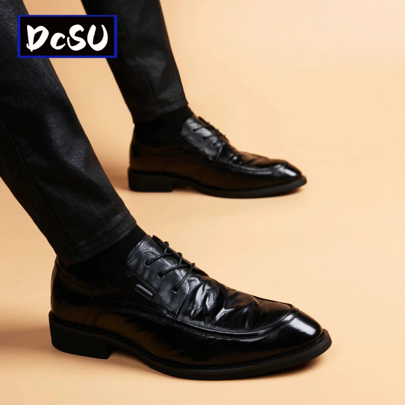 【香港DcSU&Shoes官方正品】皮鞋男英伦风休闲真皮透气尖头内增高德