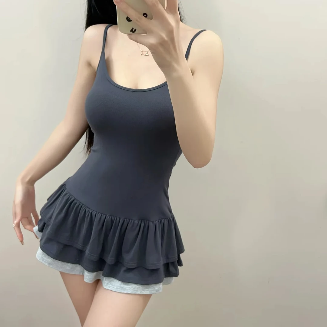 拼色裙边纯欲少女甜辣U领吊带裙 夏日新款修身层次百褶蛋糕连衣裙