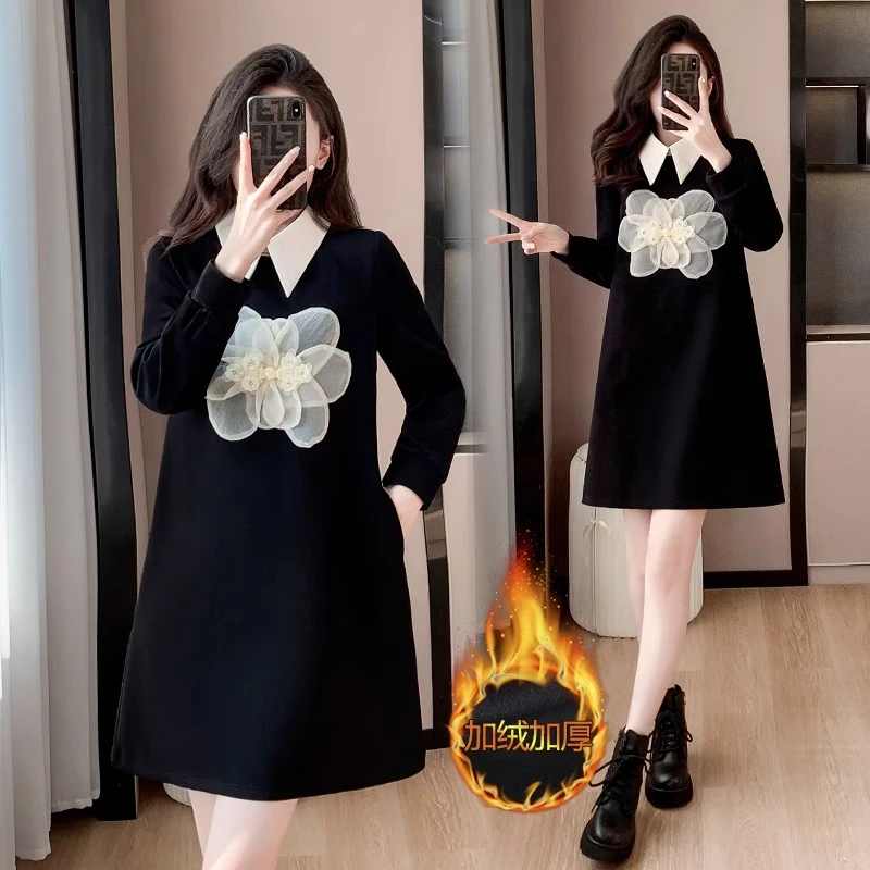 2-1新款娃娃领宽松设计感长袖卫衣裙女中长款加绒加厚保暖连衣裙