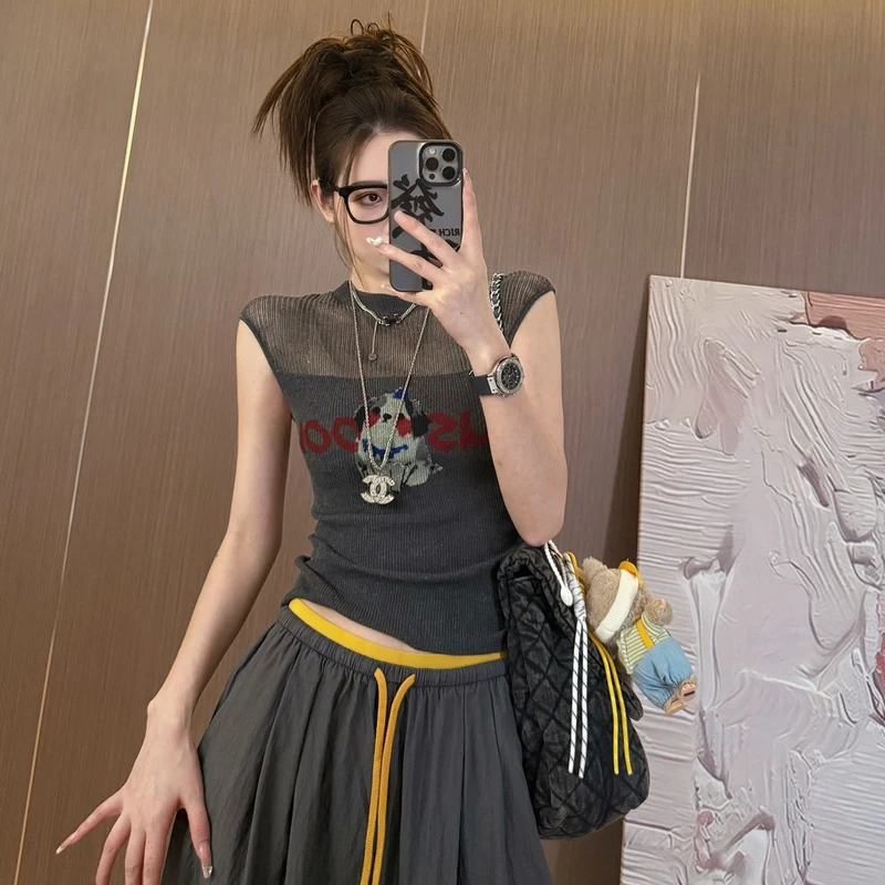 【LLU李】美式辣妹镂空无袖针织衫女西甲显瘦修身百搭简约短款t恤