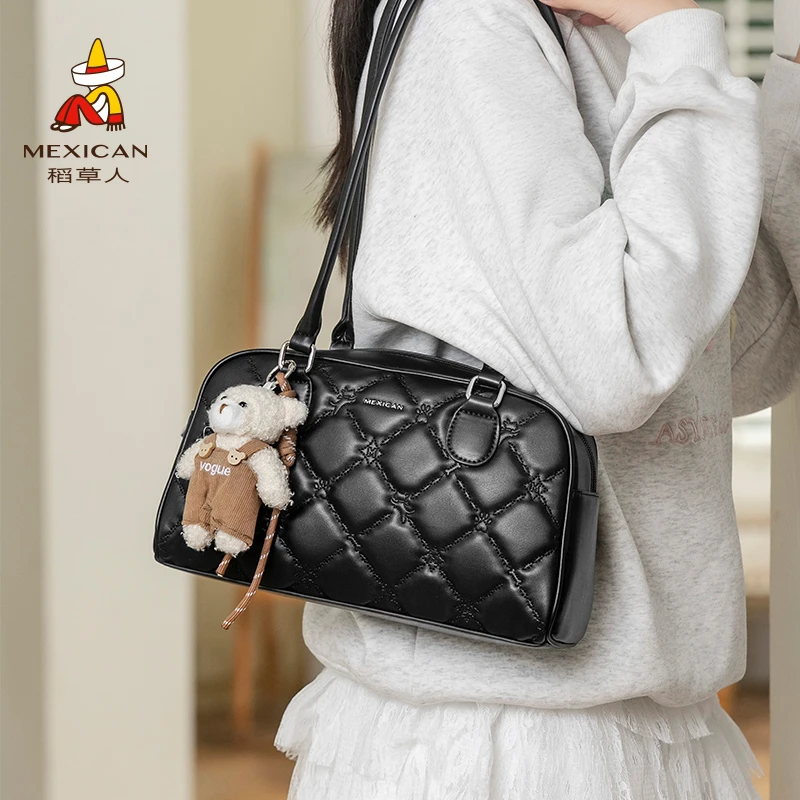 稻草人菱格保龄球包秋冬新款包包气质高级感托特包甜美单肩包女包