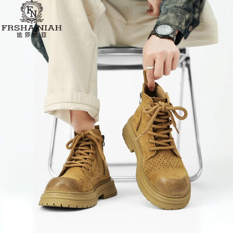 法莎尼亚新款马丁靴男款圆头英伦风厚底增高工装靴男士户外短靴子